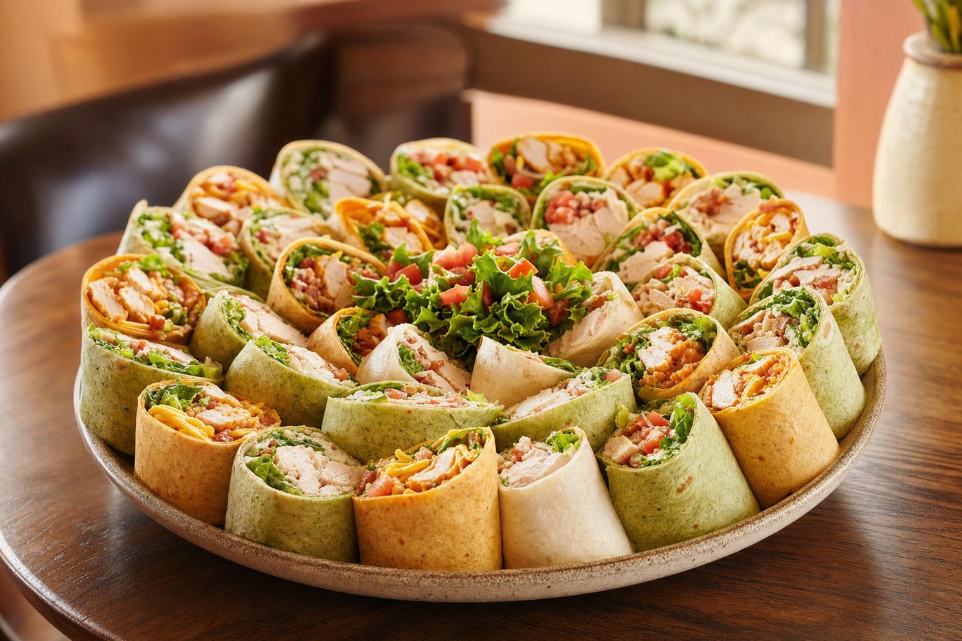 A catering platter of assorted fresh wraps