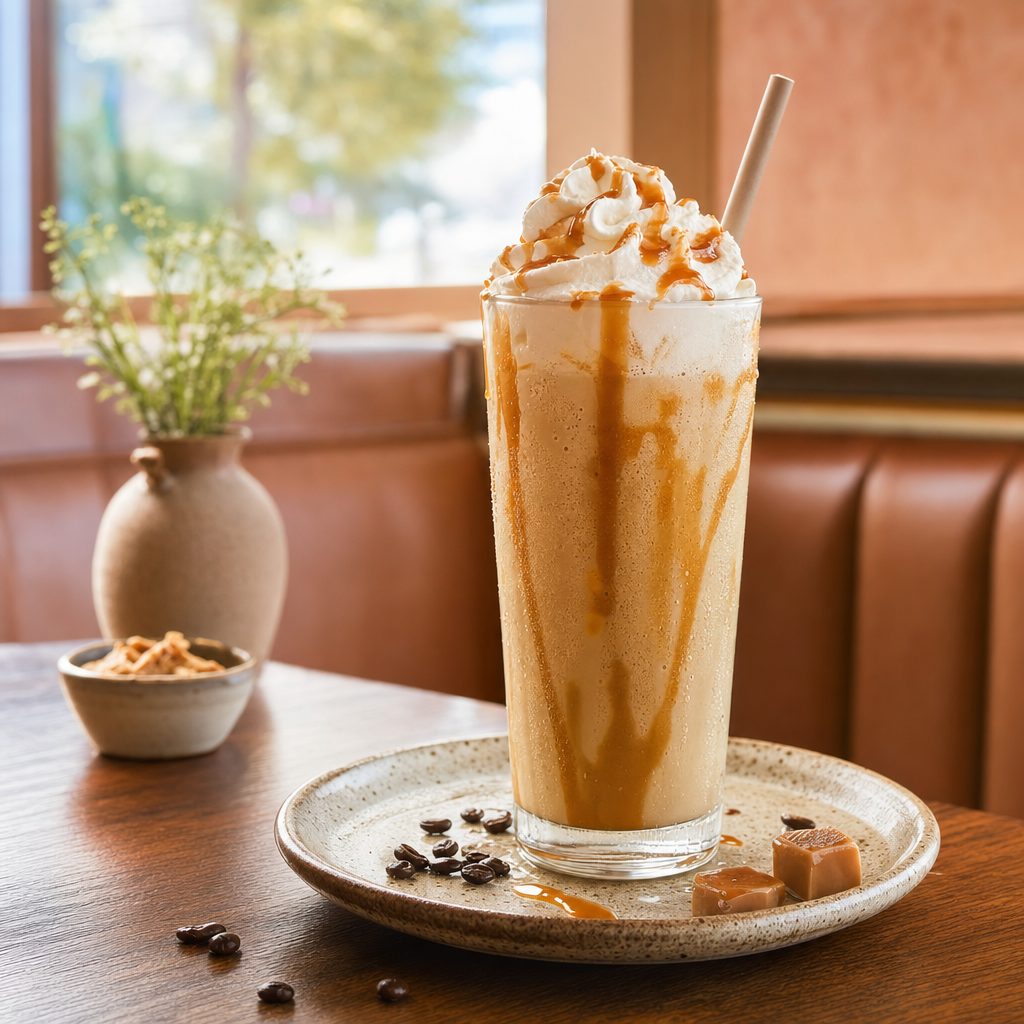 A caramel frappe with whipped cream