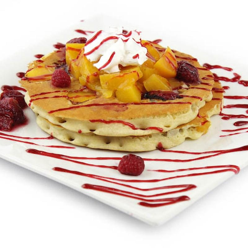 Peach and raspberry pancakes